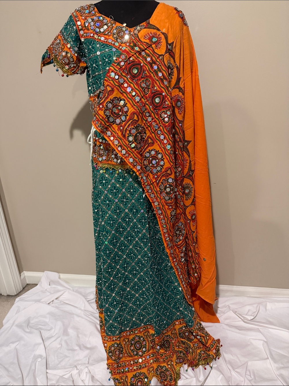 Embellished Orange and Teal Traditional Navratri Garba Chaniya Choli Lehenga